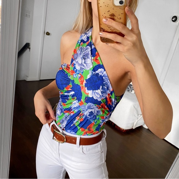🫐 ZARA BLUE MULTI FLORAL ASYMMETRICAL BODYSUIT! - Picture 2 of 16